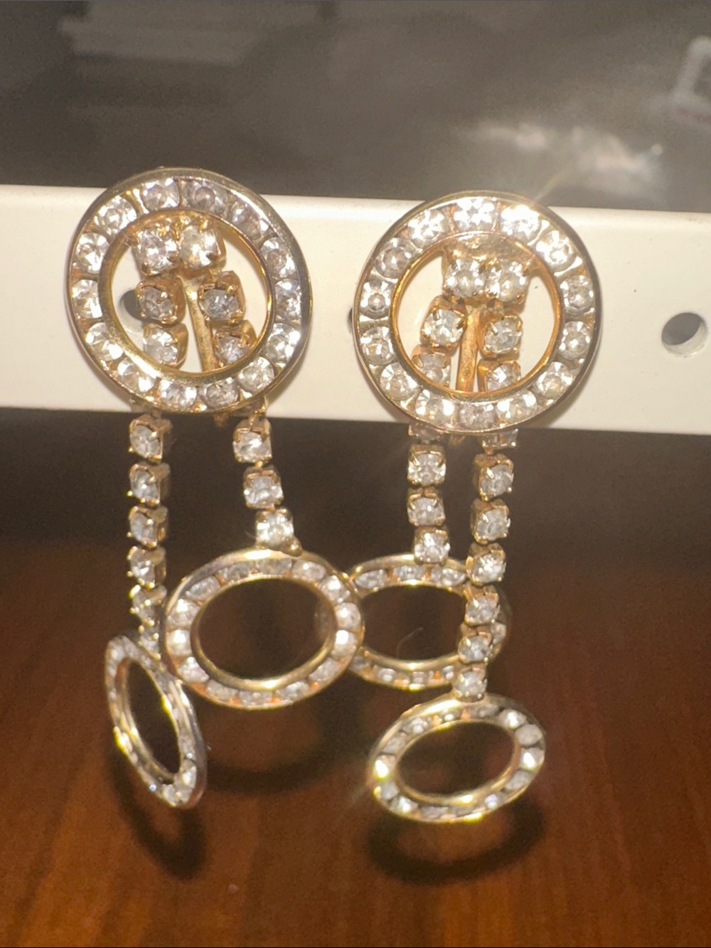 Vintage Gold Tone & Crystal Drop Clip on Earrings